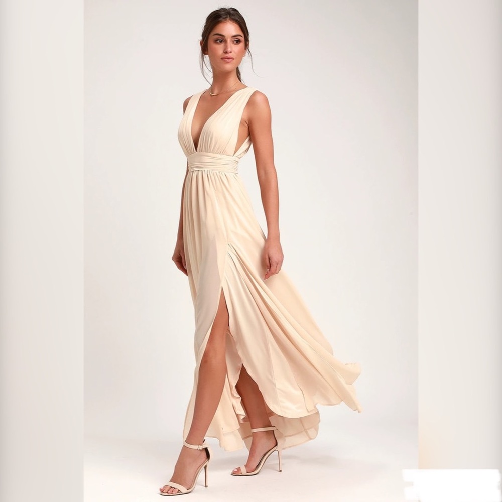 Lulu’s V-Neck Cream Chiffon Maxi Dress with a slit